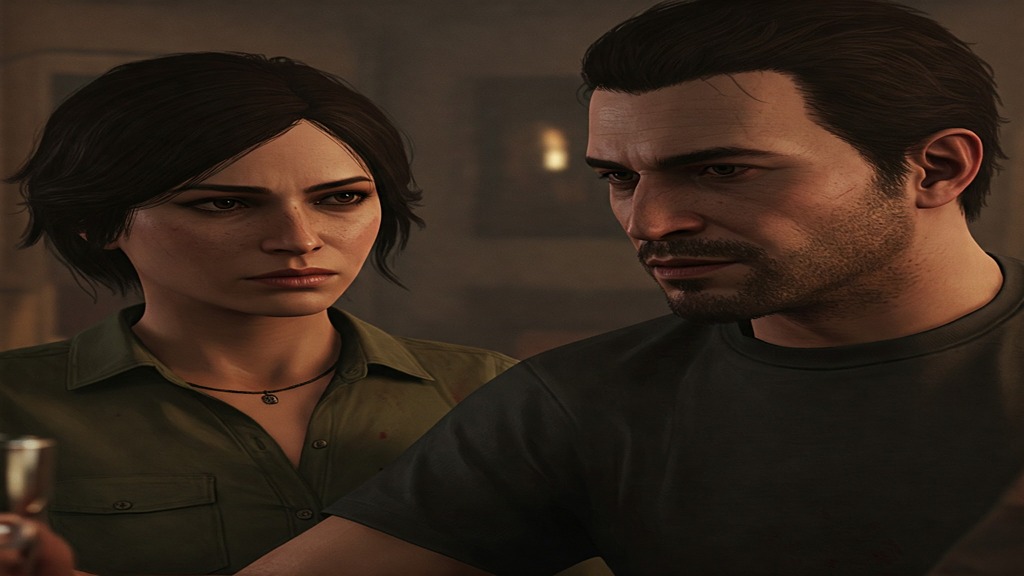A close-up shot of Lucia and Jason, two of the protagonists from Grand Theft Auto VI, having a tense conversation in a dimly lit room. Their facial expressions reveal their determination and the weight of their situation.