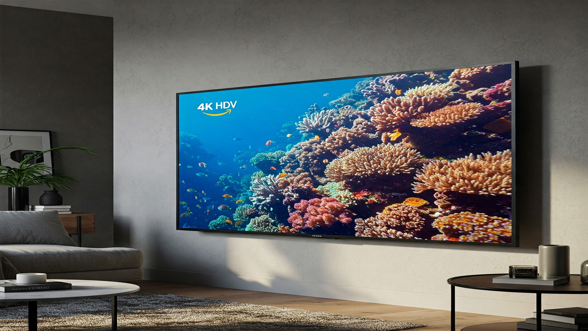 A modern living room with an Amazon Fire TV 4-Series mounted on the wall, displaying a vibrant underwater scene.