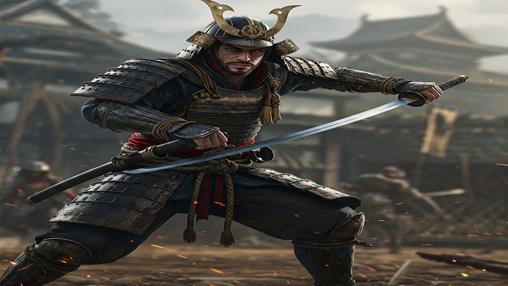 Yasuke, the samurai protagonist from Assassin's Creed Shadows, stands ready for battle in a dramatic action shot.