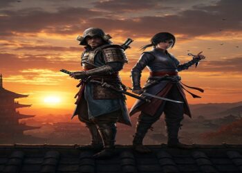 Assassin's Creed Shadows - Yasuke and Naoe, samurai and shinobi, stand together on a rooftop. Caption: