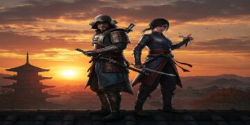 Assassin's Creed Shadows - Yasuke and Naoe, samurai and shinobi, stand together on a rooftop. Caption: