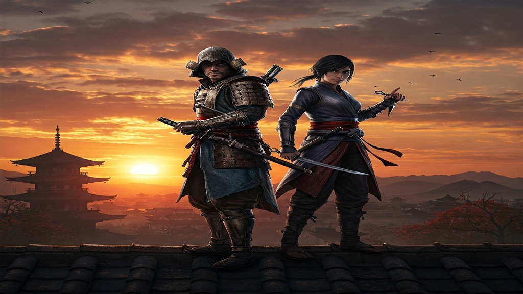 Assassin's Creed Shadows - Yasuke and Naoe, samurai and shinobi, stand together on a rooftop. Caption: