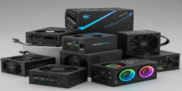 Variety of computer power supply units, including RGB options, displayed on a grey background, representing choices for the best budget PSU.
