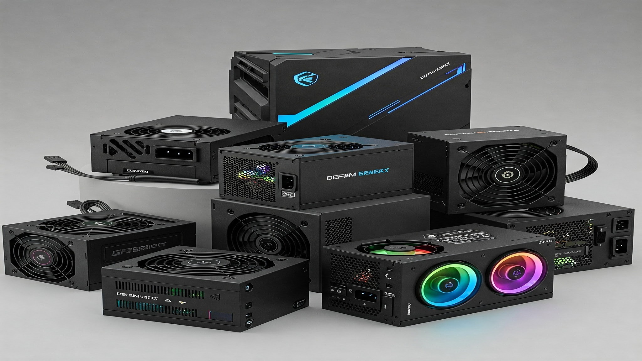 Variety of computer power supply units, including RGB options, displayed on a grey background, representing choices for the best budget PSU.
