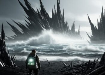 A lone figure of Sam Porter Bridges stands at the edge of a misty, otherworldly shore. Strange, glowing structures rise from the fog-obscured chiral sea in the distance.