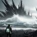 A lone figure of Sam Porter Bridges stands at the edge of a misty, otherworldly shore. Strange, glowing structures rise from the fog-obscured chiral sea in the distance.
