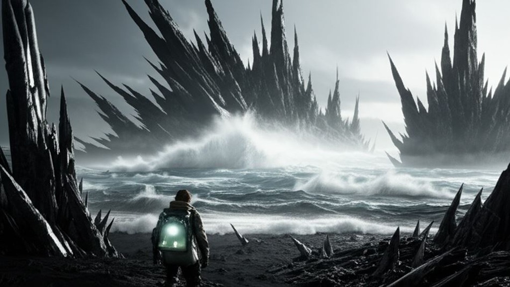 A lone figure of Sam Porter Bridges stands at the edge of a misty, otherworldly shore. Strange, glowing structures rise from the fog-obscured chiral sea in the distance.