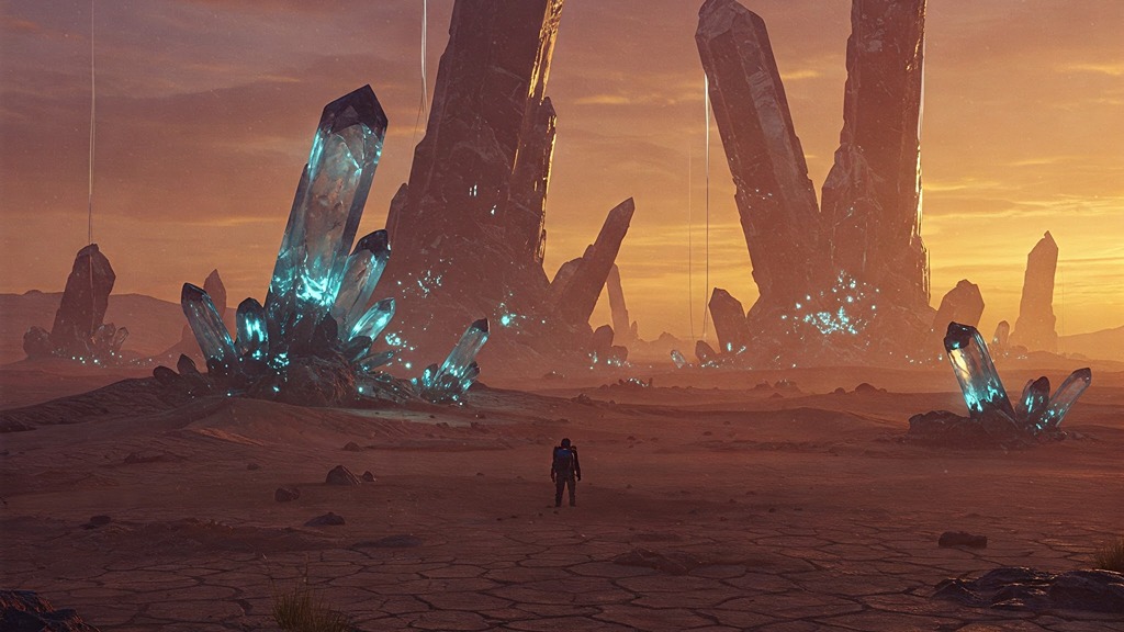 Desolate environment with strange chiral formations in Death Stranding 2, under an ominous sky.