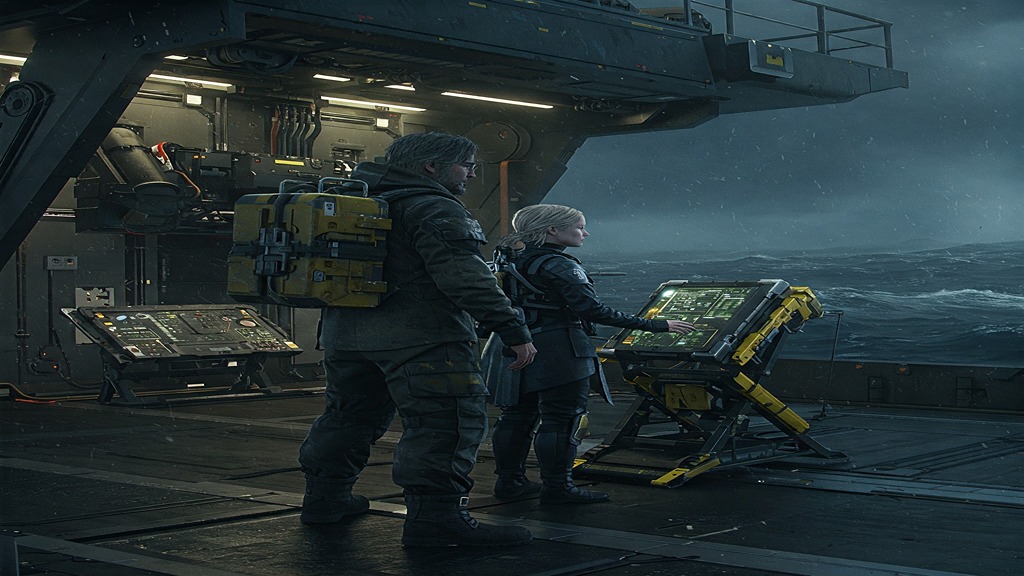 Sam Porter Bridges and Fragile aboard the ship Magellan in Death Stranding 2.