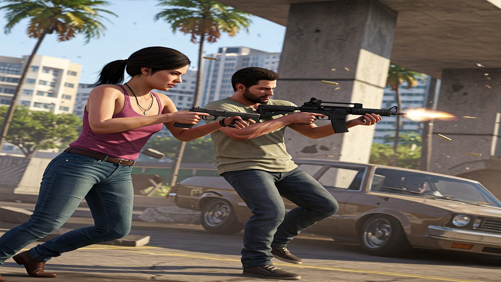 Intense firefight action sequence featuring protagonists in Grand Theft Auto VI.
