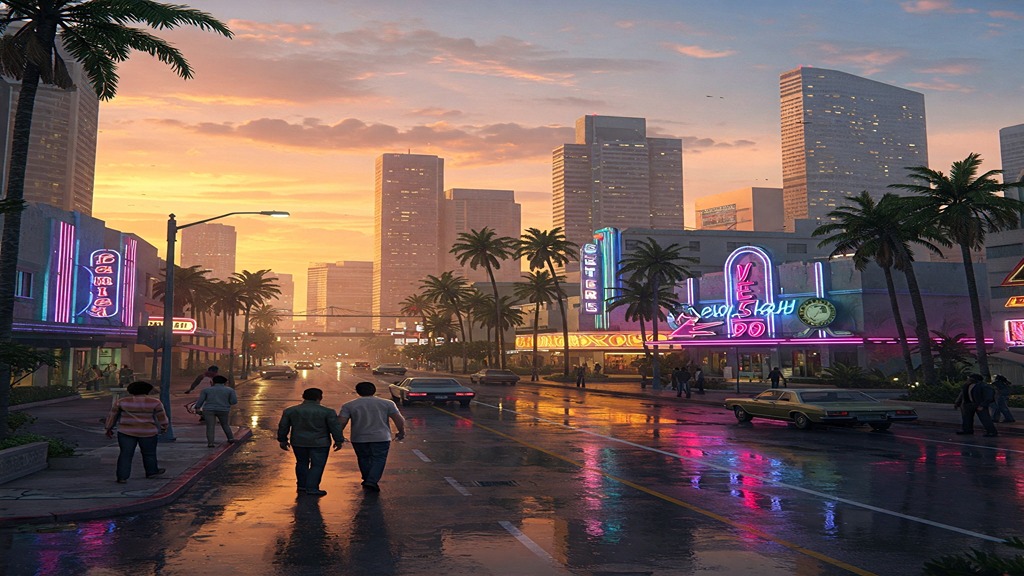 Panoramic sunset view of modern Vice City skyline in Grand Theft Auto VI.
