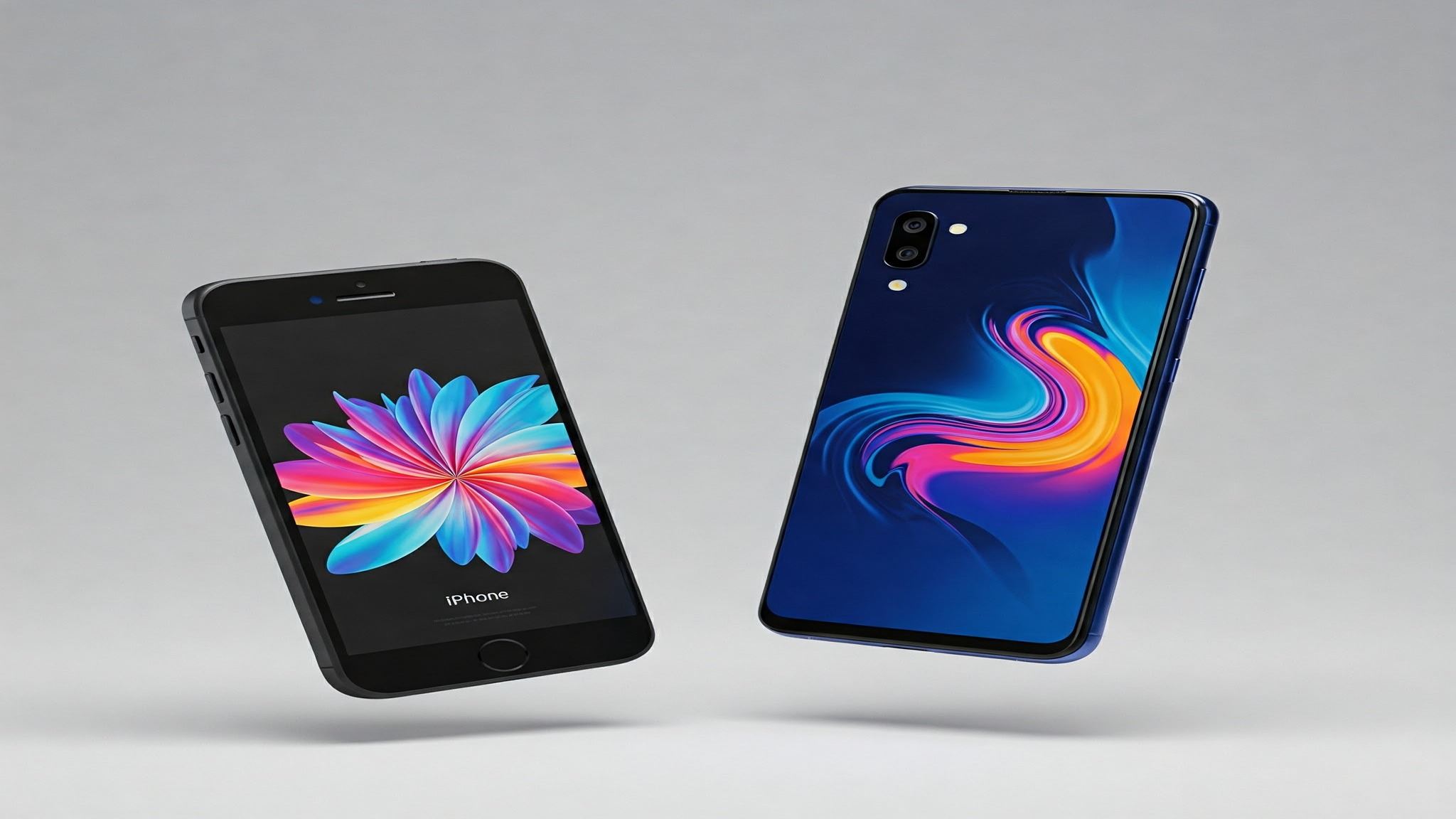 Two smartphones, the compact Apple iPhone SE (3rd Gen) and the larger Samsung Galaxy A55, floating in mid-air with bright screens displaying a colorful abstract graphic.