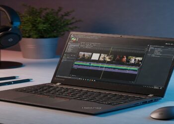 A Lenovo ThinkPad P16v Gen 2 laptop open on a modern desk, screen split between CAD software on one side and a video game scene on the other, under professional lighting.