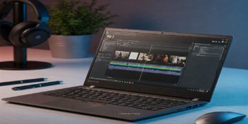 A Lenovo ThinkPad P16v Gen 2 laptop open on a modern desk, screen split between CAD software on one side and a video game scene on the other, under professional lighting.