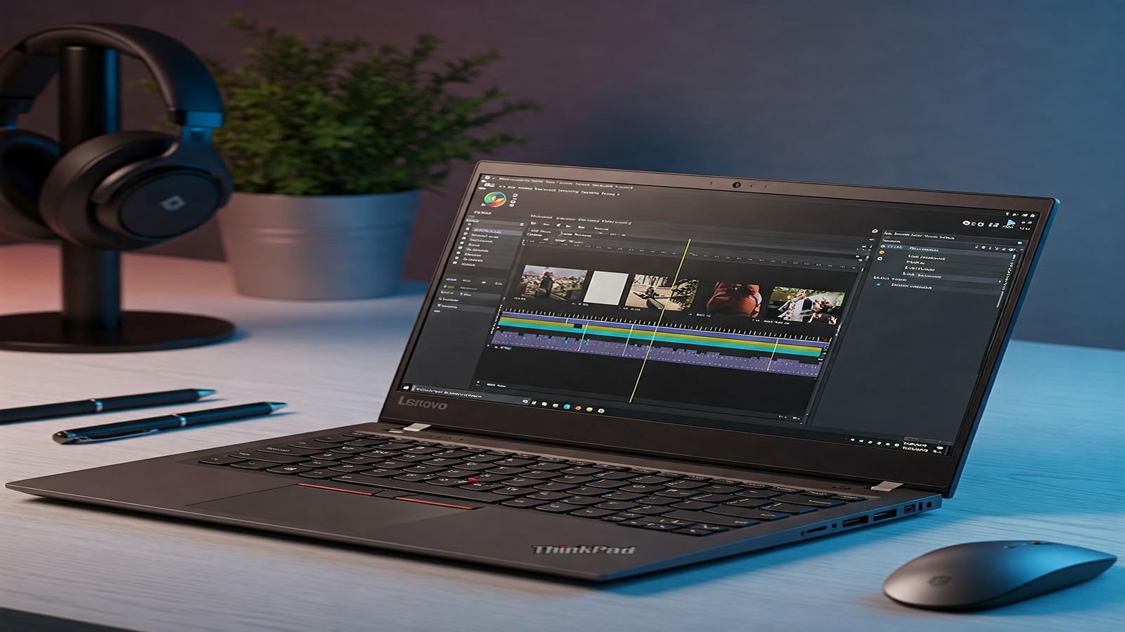 A Lenovo ThinkPad P16v Gen 2 laptop open on a modern desk, screen split between CAD software on one side and a video game scene on the other, under professional lighting.