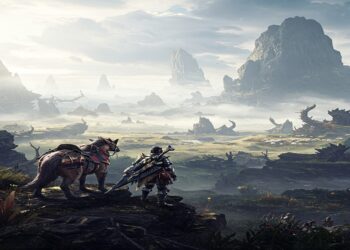 Hunter and Seikret overlooking misty, vast landscape in Monster Hunter Wilds.