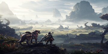 Hunter and Seikret overlooking misty, vast landscape in Monster Hunter Wilds.