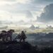 Hunter and Seikret overlooking misty, vast landscape in Monster Hunter Wilds.