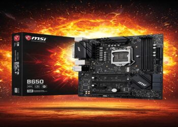 Black MSI B650 motherboard featuring CPU socket, RAM slots, and heatsinks, presented with its retail box floating above a cracked, glowing surface with a large fireball explosion behind them.