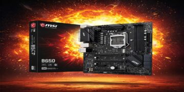 Black MSI B650 motherboard featuring CPU socket, RAM slots, and heatsinks, presented with its retail box floating above a cracked, glowing surface with a large fireball explosion behind them.