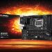 Black MSI B650 motherboard featuring CPU socket, RAM slots, and heatsinks, presented with its retail box floating above a cracked, glowing surface with a large fireball explosion behind them.