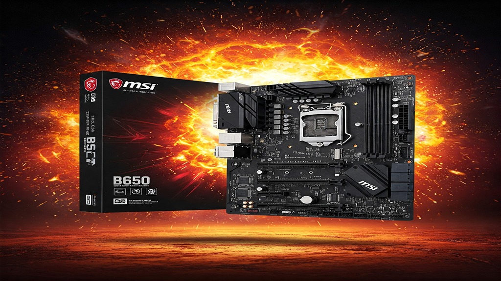 Black MSI B650 motherboard featuring CPU socket, RAM slots, and heatsinks, presented with its retail box floating above a cracked, glowing surface with a large fireball explosion behind them.