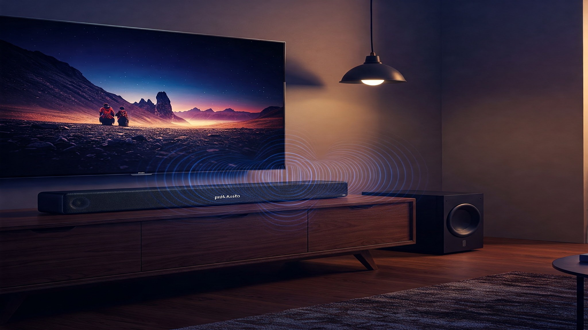 A sleek Polk Audio Signa S4 soundbar mounted beneath a TV, with a wireless subwoofer in the background, showcasing the system's design and audio performance.