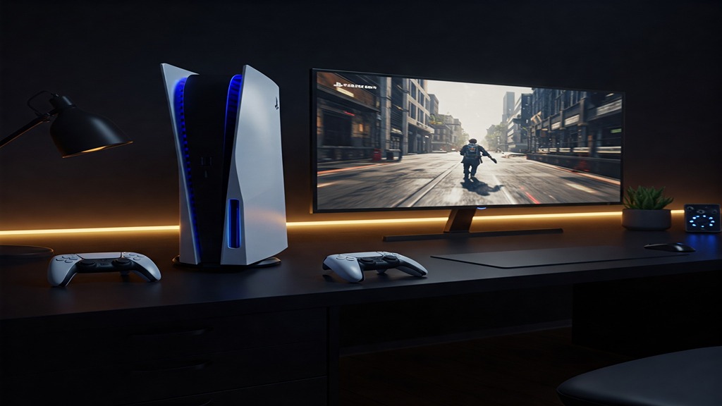 Clean and modern high-end PC or console gaming setup.