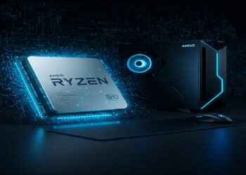 AMD Ryzen CPU processor chip next to blue-lit gaming PC tower.