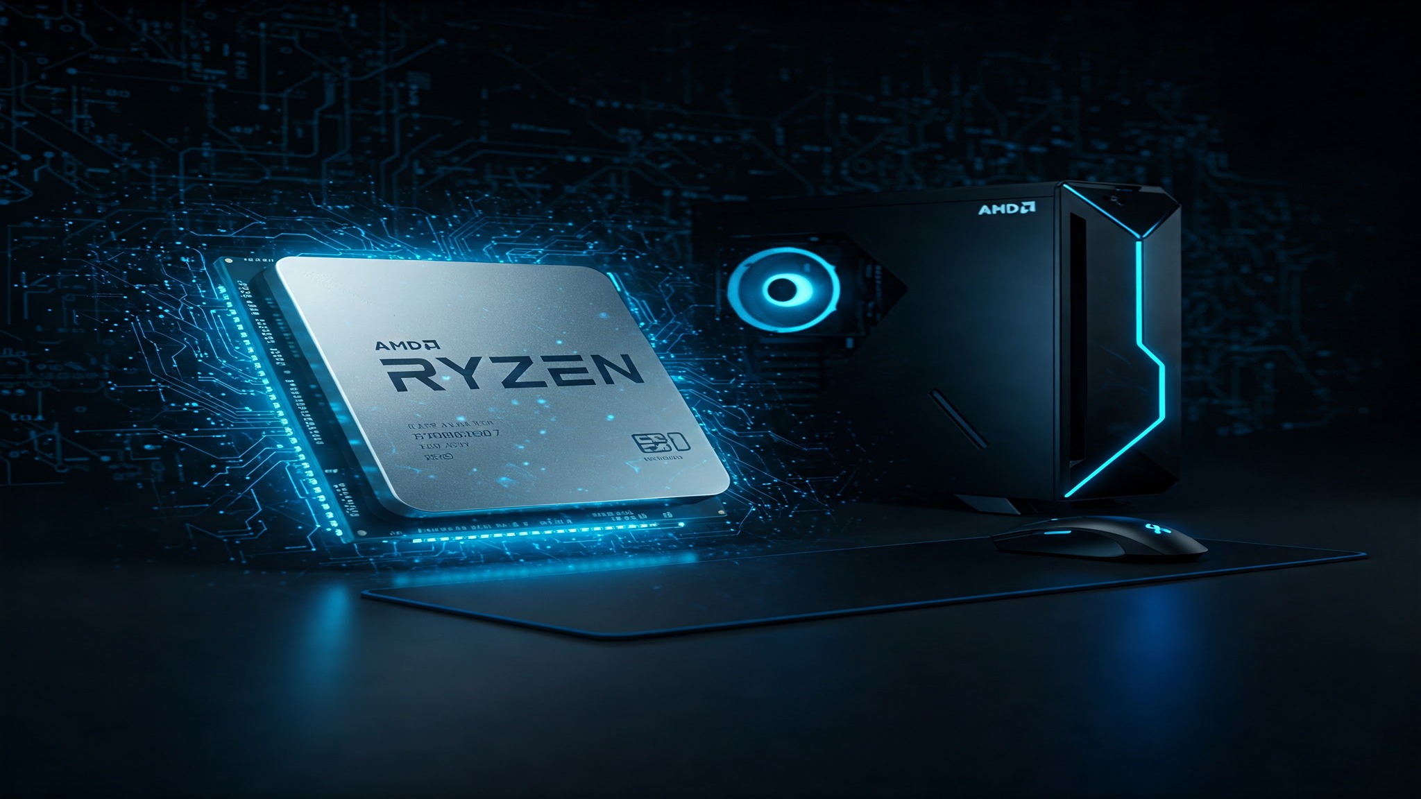 AMD Ryzen CPU processor chip next to blue-lit gaming PC tower.