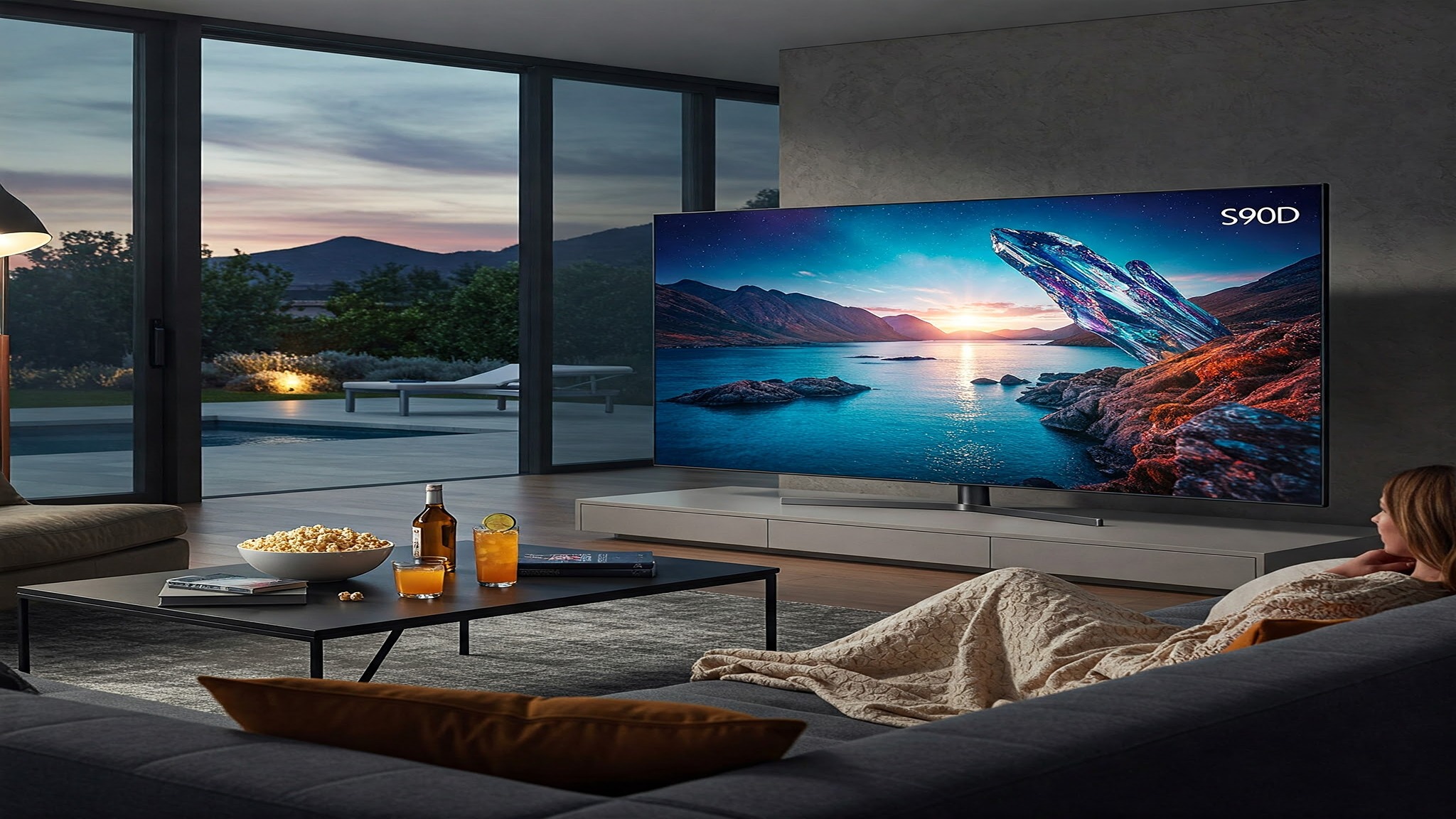 Samsung S90D OLED TV displayed in a modern living room setting showing vibrant picture quality.