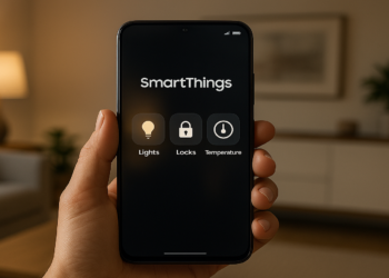 Hand holding smartphone showing the Samsung SmartThings app used for managing smart home devices like lights and security.