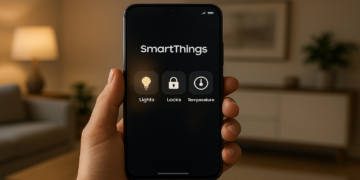 Hand holding smartphone showing the Samsung SmartThings app used for managing smart home devices like lights and security.