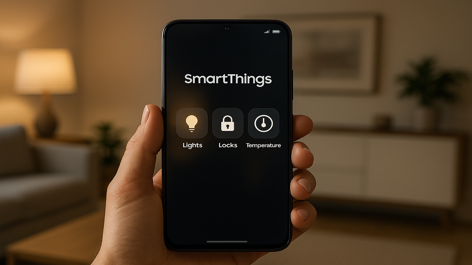 Hand holding smartphone showing the Samsung SmartThings app used for managing smart home devices like lights and security.