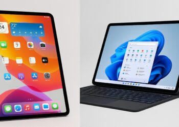 iPad Pro showing iPadOS vs Surface Pro showing Windows 11 split-screen comparison.
