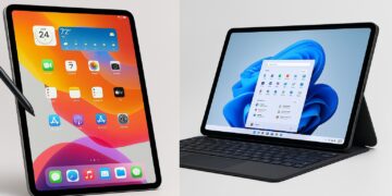 iPad Pro showing iPadOS vs Surface Pro showing Windows 11 split-screen comparison.