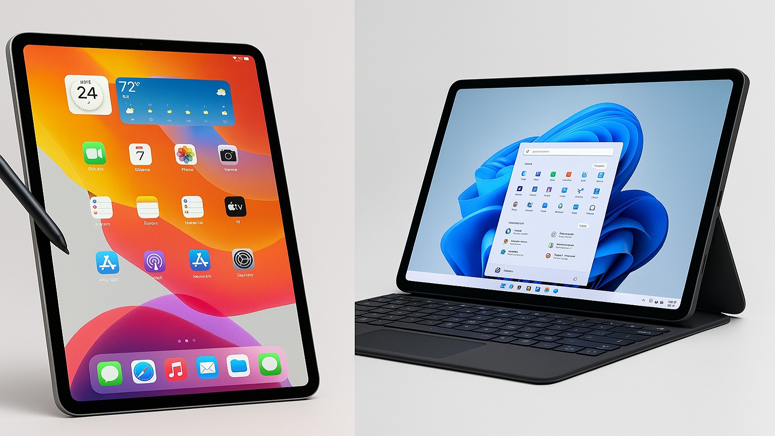 iPad Pro showing iPadOS vs Surface Pro showing Windows 11 split-screen comparison.