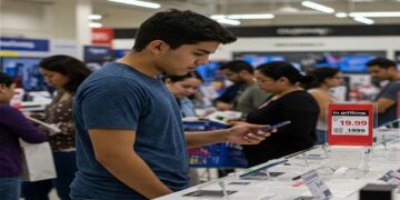 Shoppers looking at electronics in a store, suggesting potential price increases due to tariffs.