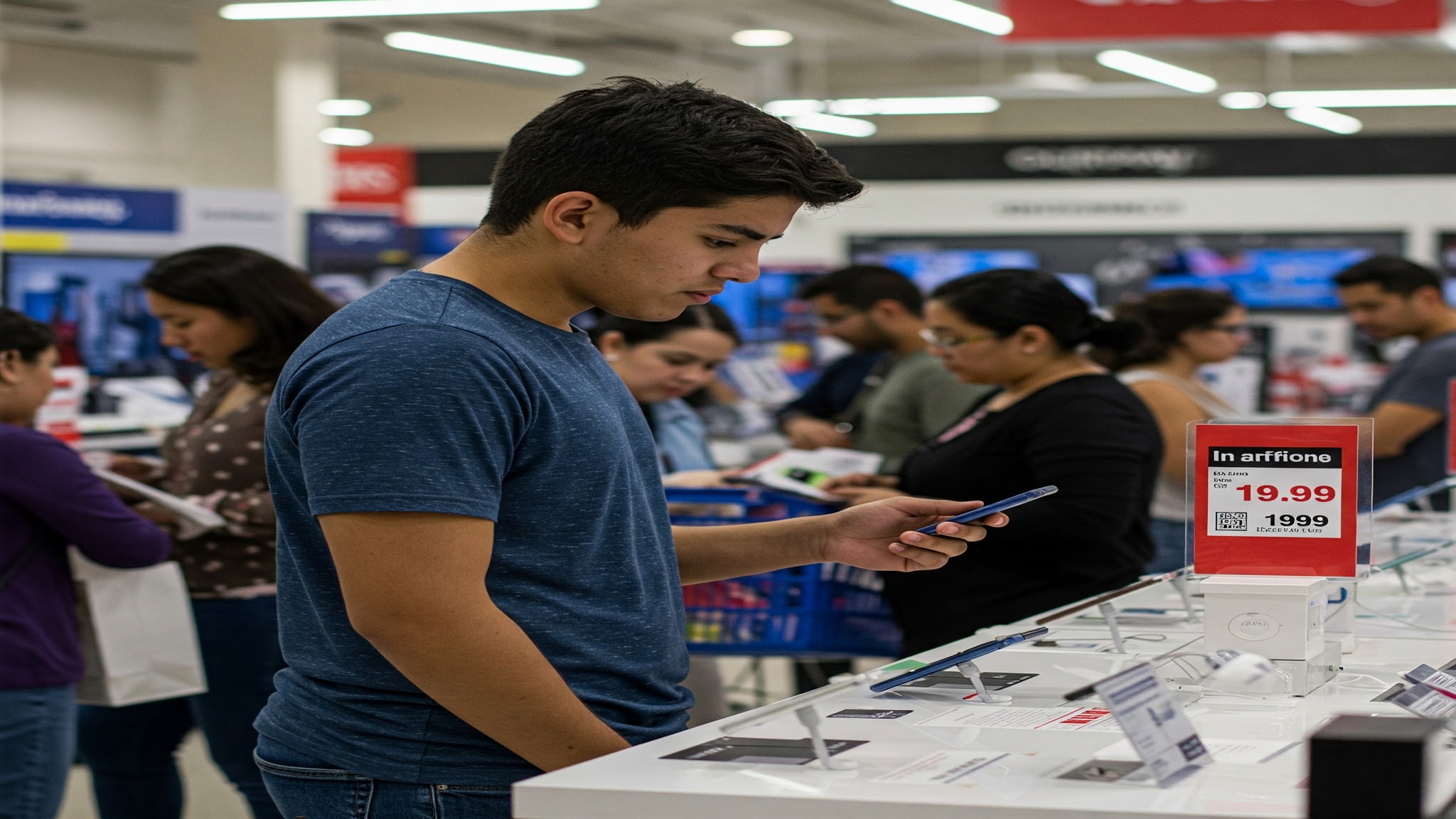 Shoppers looking at electronics in a store, suggesting potential price increases due to tariffs.