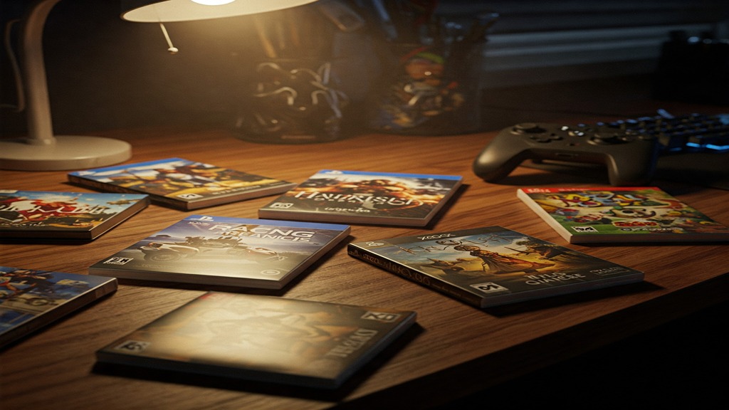 Diverse collection of physical video game cases on bookshelf.
